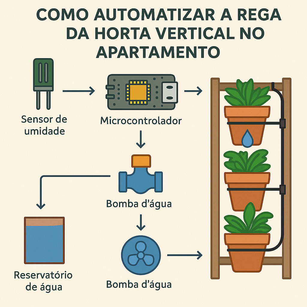 Infográfico mostrando como usar sensores de umidade para automatizar a rega da horta vertical em apartamentos.