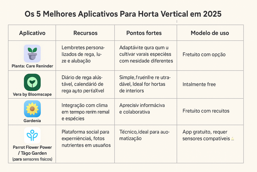 Tabela comparativa com os 5 melhores aplicativos para horta vertical em 2025, incluindo Planta: Care Reminder, Vera by Bloomscape, Gardenia, GrowIt! e Parrot Flower Power, destacando funcionalidades como lembretes, integração com sensores e dicas de cultivo.
