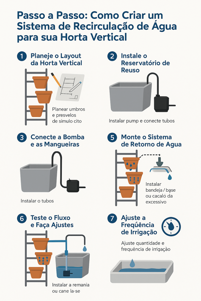 Infográfico ilustrado mostra as 7 etapas para montar um sistema de recirculação de água em hortas verticais, incluindo planejamento, instalação do reservatório, bomba, mangueiras, bandeja de retorno, testes e ajuste da irrigação.